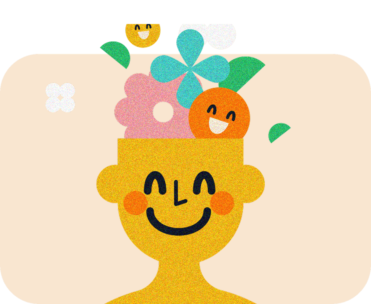 Playful illustration of a smiling figure with flowers blooming from their head