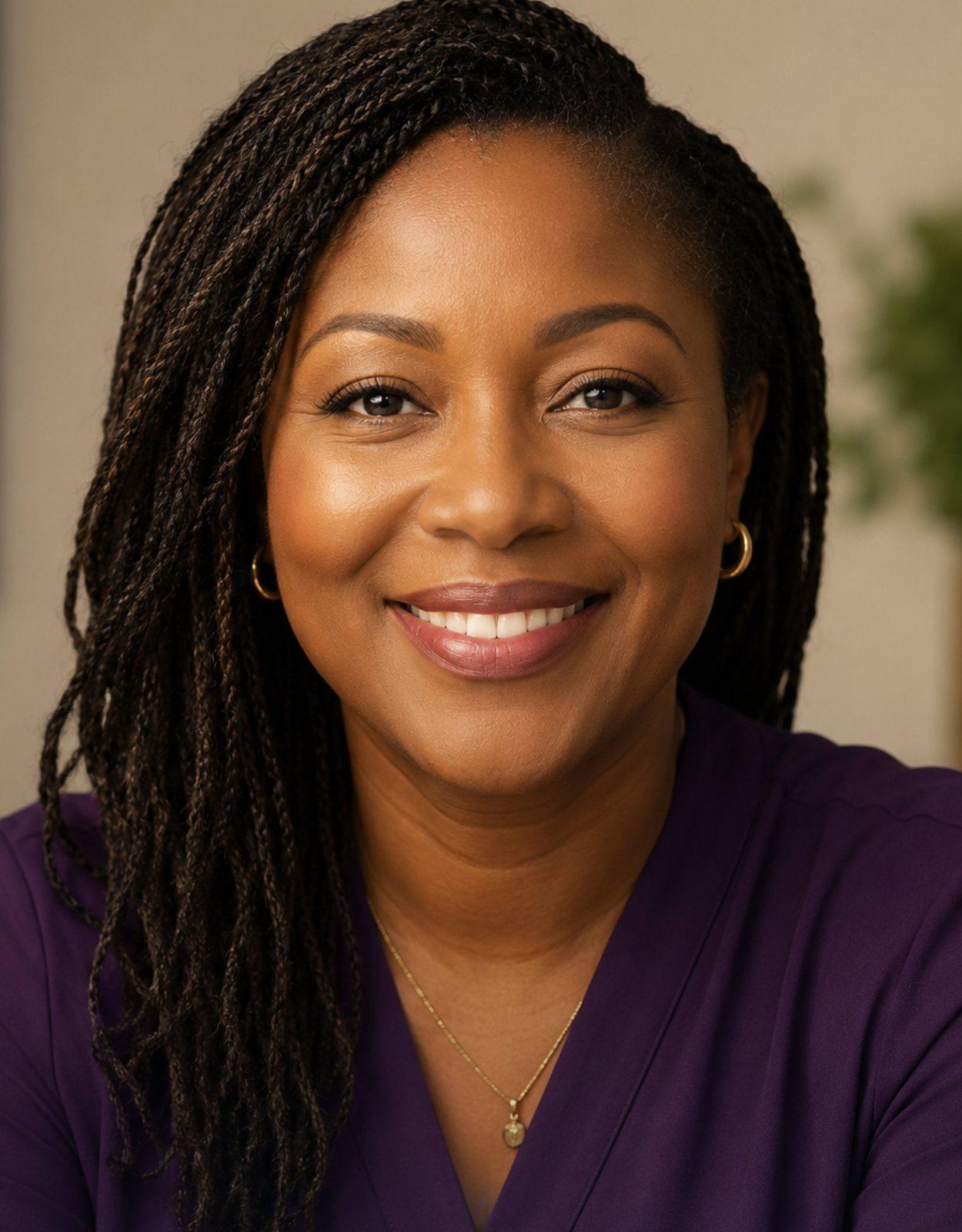 Smiling professional woman in a purple blouse