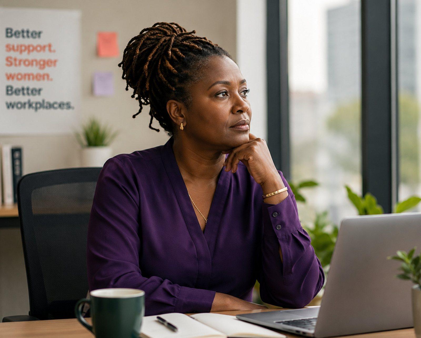 Woman in a purple blouse thinking at her desk
