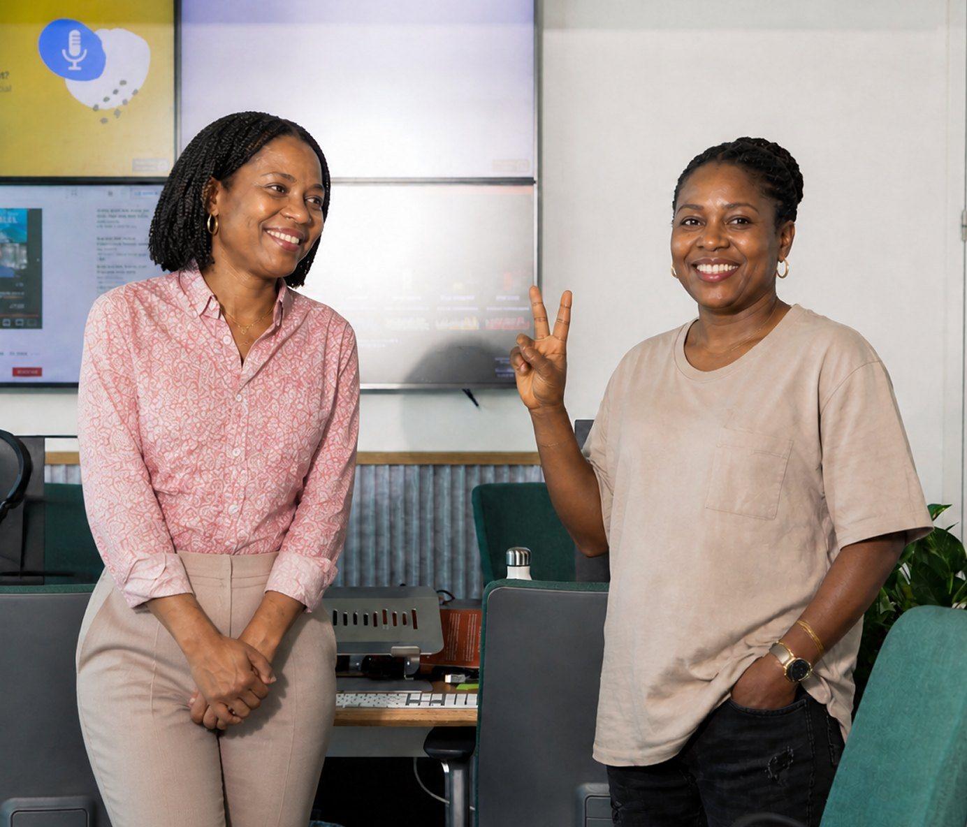 Two smiling colleagues in a modern workplace