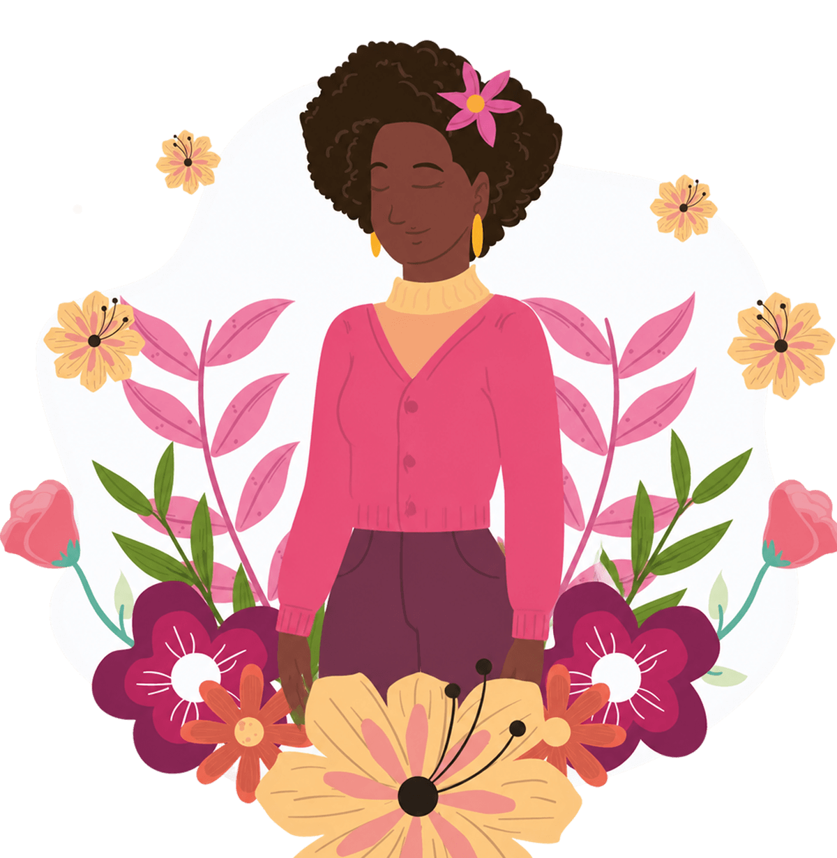 Illustration of a woman surrounded by flowers